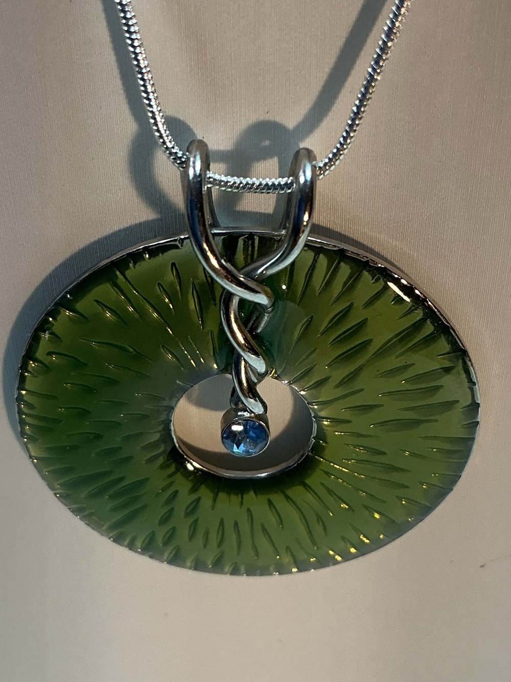 Olive Green Enamel Sunburst Donut Pendant & 925 Sterling Silver Chain Necklace